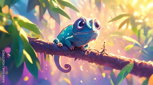 A colorful chameleon perched on a branch, surrounded by vibrant greenery and soft light.