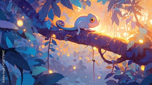 A chameleon perched on a branch in a vibrant, magical forest setting.
