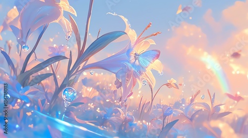 A serene scene of vibrant flowers with butterflies amidst a dreamy pastel sky.