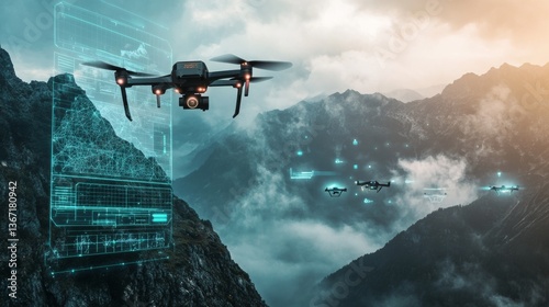 An AI powered drone conducting a search and rescue mission in a mountainous region, mapping out terrain and identifying survivors, glowing mapping interface