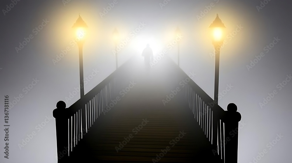 Obraz premium A solitary figure walks across a foggy bridge with street lamps