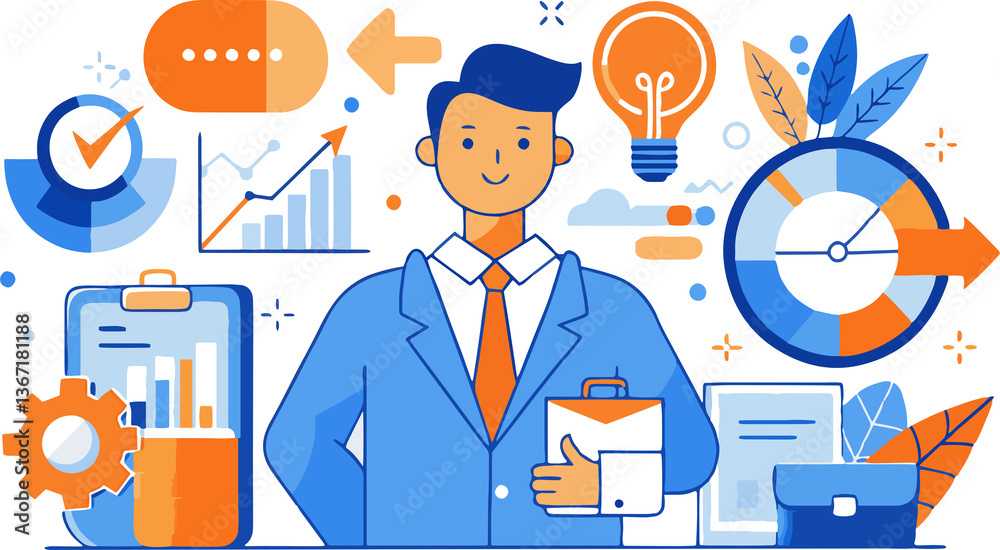 Business Strategy in Progress: Illustrative portrayal of a businessman, surrounded by visual cues of successful strategy planning and business development. Business Strategy in Progress: Illustrative portrayal of a businessman, surrounded by visual cues of successful strategy planning and business development.