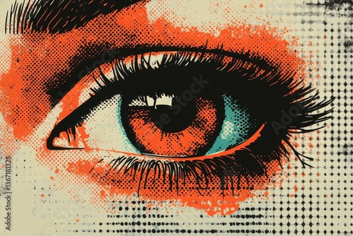 Retro halftone collage eye  for mixed media design. Open human eye in halftone texture, dotted pop art style.  illustration of vintage grunge punk crazy art templates