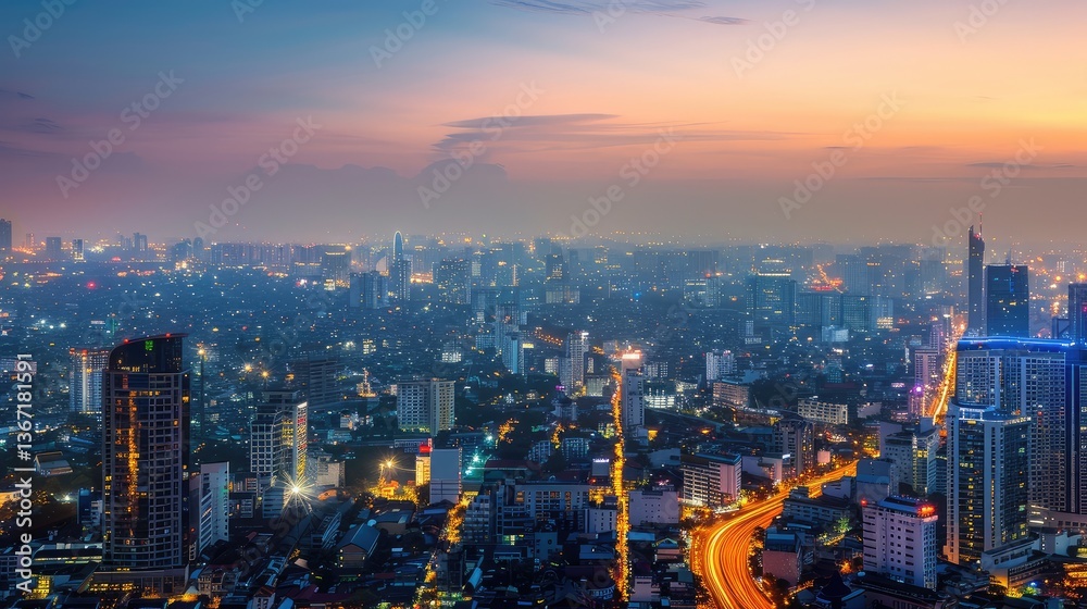 Naklejka premium Stunning Urban Cityscape at Dusk: Vibrant City Lights Overlooking a Metropolitan Skyline