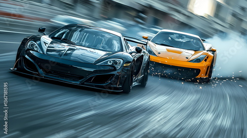 Two sports cars drifting on a racetrack at high speed