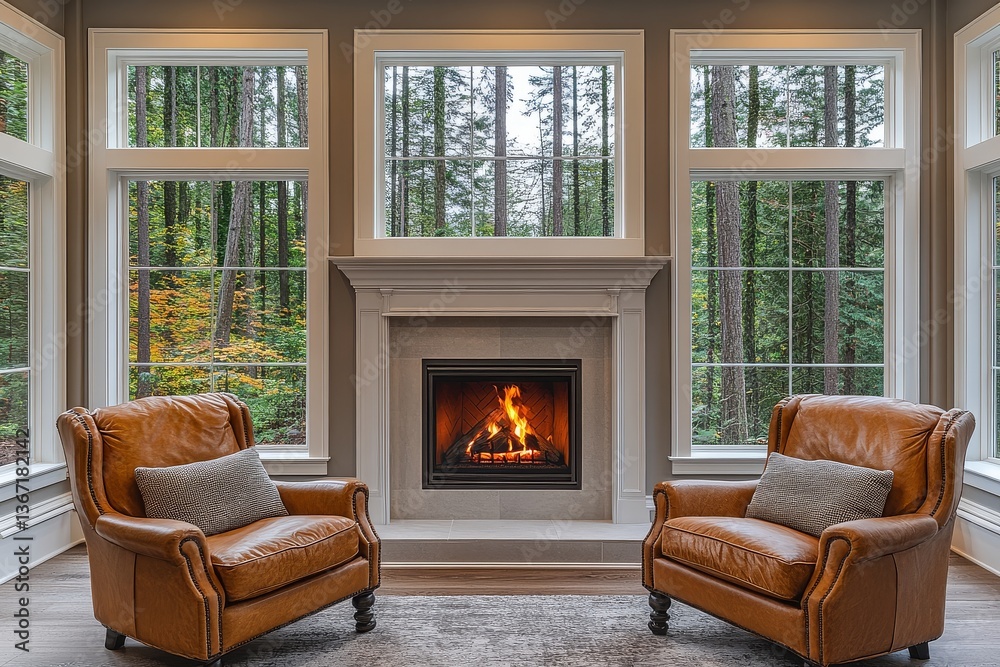 Fototapeta premium Simple and Elegant Fireplace in Open Concept Living Room with Leather Armchairs and Natural Lighting