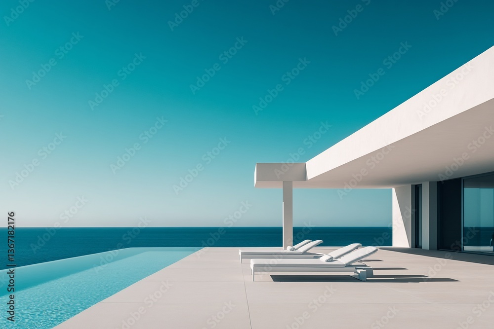 Fototapeta premium Modern minimalist villa with infinity pool overlooking ocean.
