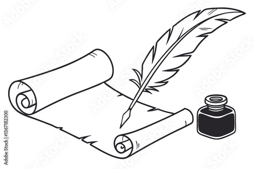 Vintage quill and inkwell on old paper evoke antique literature