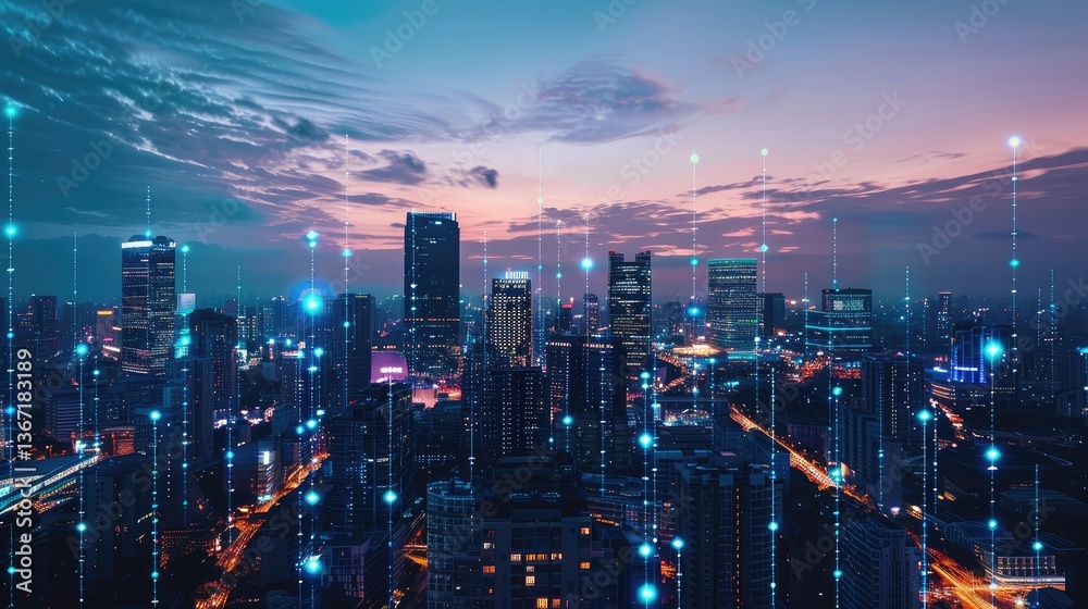 Obraz premium Futuristic City Skyline with Digital Connections at Dusk