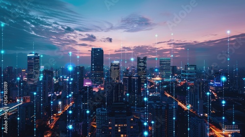 Wallpaper Mural Futuristic City Skyline with Digital Connections at Dusk Torontodigital.ca