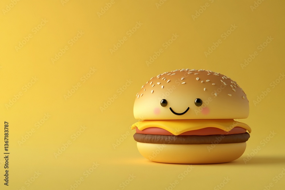 Happy cartoon burger on yellow background. (3)