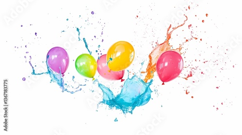 Colorful Balloons Splash: A vibrant assortment of colorful balloons bursts forth from a splash of water, creating a dynamic and joyful visual spectacle.