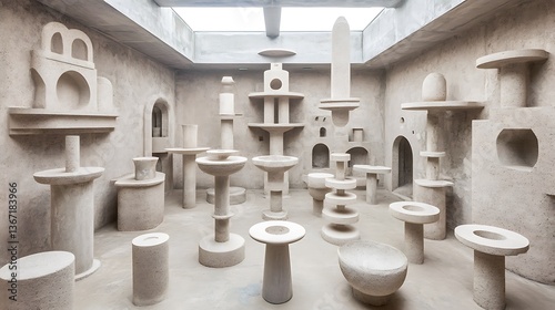 A serene interior featuring various abstract sculptural architectural elements