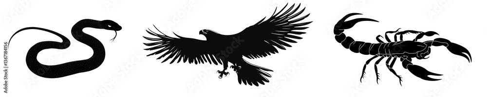 Fototapeta premium Silhouette of snake,eagle and Scorpion isolated on white background 