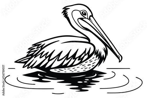 A white pelican with a pink-tinged beak stands in the sea, its feathers ruffled by the wild nature
