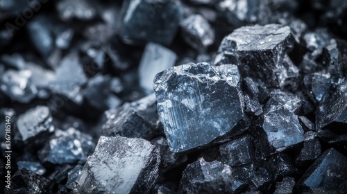 Raw lithium ore crystals on dark granite with metallic reflections, showcasing strategic mineral resources and clean energy materials for industrial use.