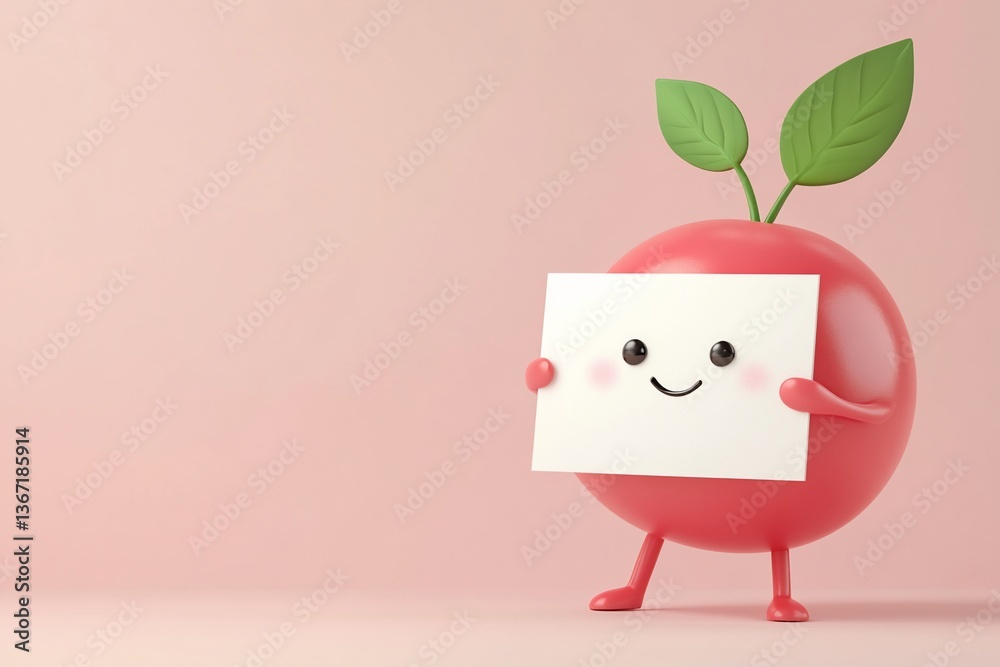 Cute cartoon apple character holding blank sign on pink background.