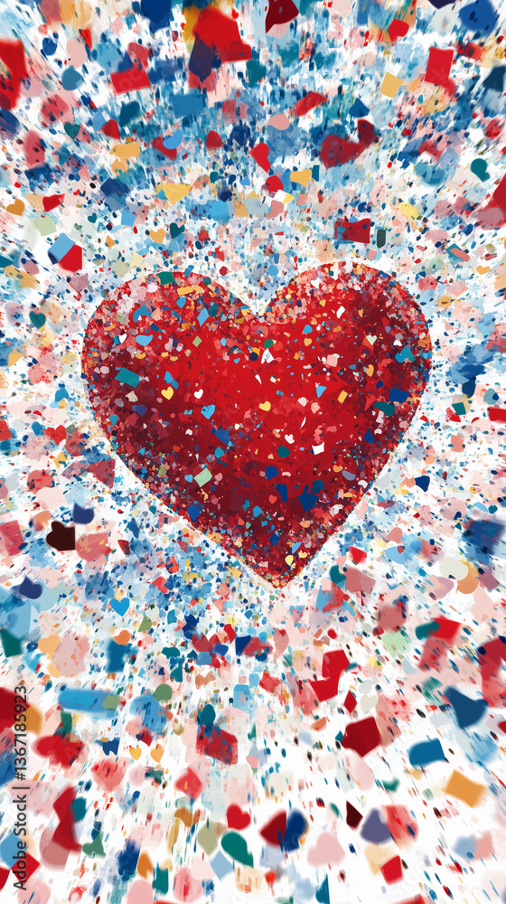 Obraz premium A heart surrounded by exploding confetti in every direction, postcard design