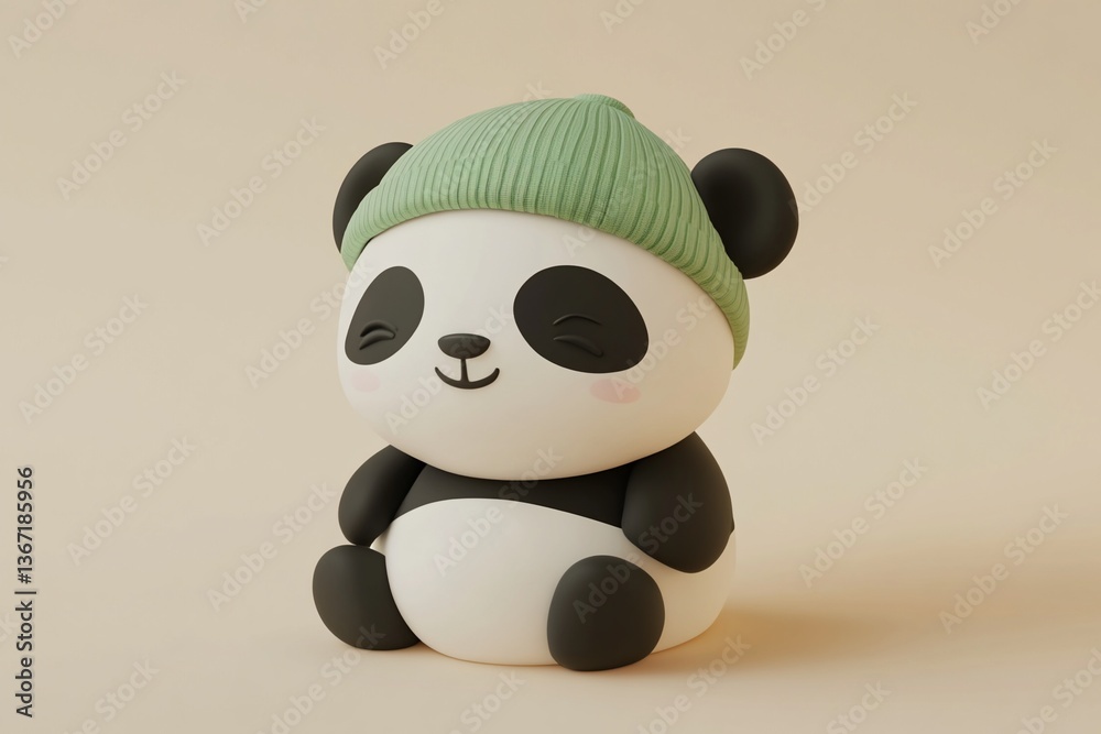 Cute cartoon panda wearing a green beanie hat, sitting on a beige background.