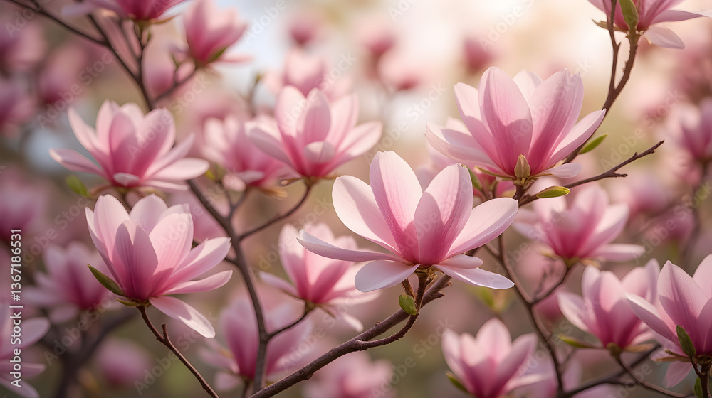 Obraz premium Magnolia Tree in Full Bloom With Soft Pink Petals and Sunlit Spring Blossoms