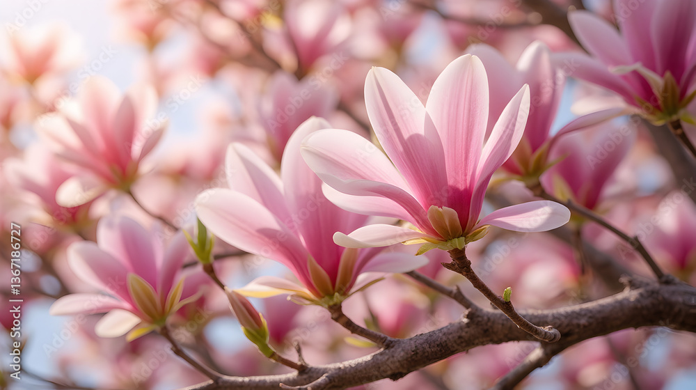 Magnolia Tree in Full Bloom With Soft Pink Petals and Sunlit Spring Blossoms Magnolia Tree in Full Bloom With Soft Pink Petals and Sunlit Spring Blossoms