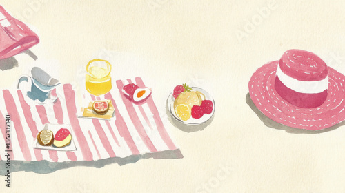 A serene watercolor scene of a picnic setup with treats, a drink, and a stylish hat on a striped blanket.