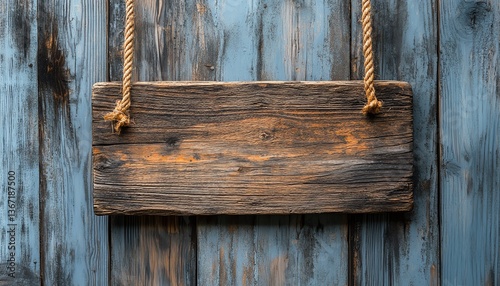 Blank wood signboard hanging on vintage wooden door, rustic planks wall backdrop, weathered wood surface, customizable mockup for signage