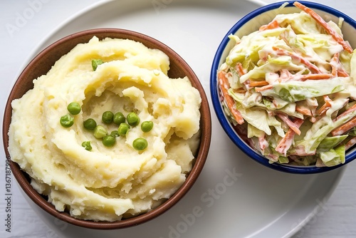 a bowl of mashed potatoes and a bowl of coleslaw salad