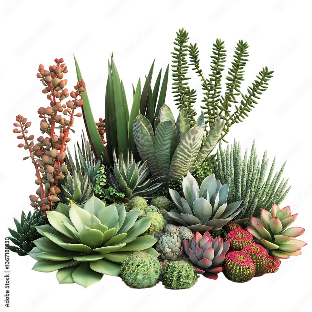 A 3D Succulent Garden with Various Sizes and Colors Isolated on Transparent Background A 3D Succulent Garden with Various Sizes and Colors Isolated on Transparent Background