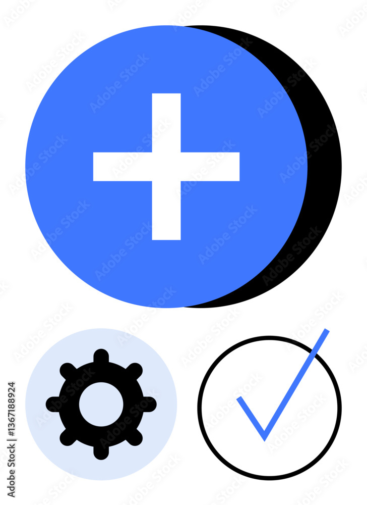 Fototapeta premium Add button for inclusion, gear icon for settings, and checkmark for confirmation. Ideal for productivity, task tracking, workflow, settings, approval optimization decision-making. Flat simple