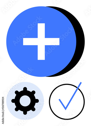 Add button for inclusion, gear icon for settings, and checkmark for confirmation. Ideal for productivity, task tracking, workflow, settings, approval optimization decision-making. Flat simple