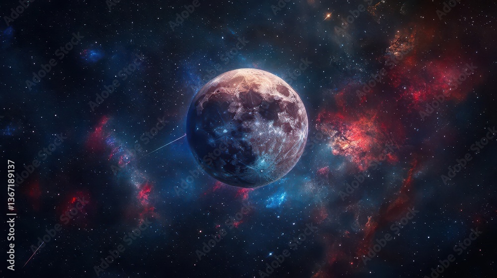 Fototapeta premium A Glowing Moon Surrounded by Colorful Nebula and Stars in the Vast Universe