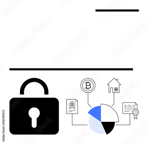 Lock representing security alongside pie chart, bitcoin icon, certificate, house, and money for safe financial processes. Ideal for blockchain, finance, technology, investment security risk