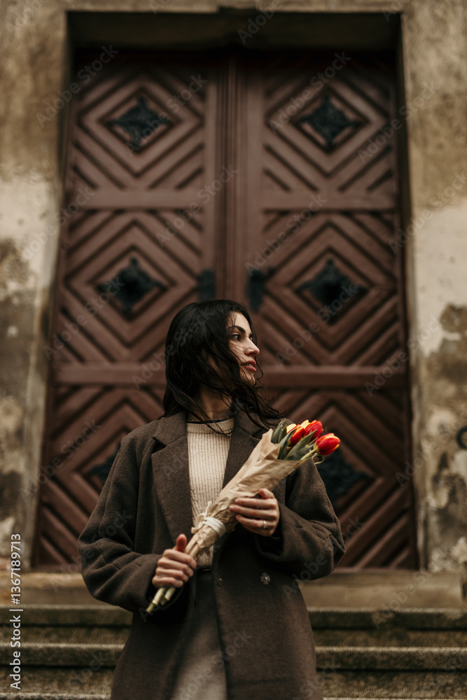 Obraz premium Stylish young woman holding tulips bouquet in front of a church