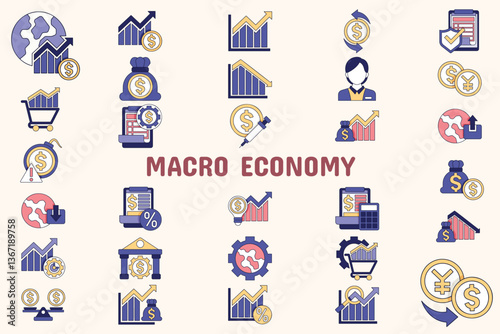 Macro Economy Lineal Color Vector Illustration Icon Sticker Set Design Materials