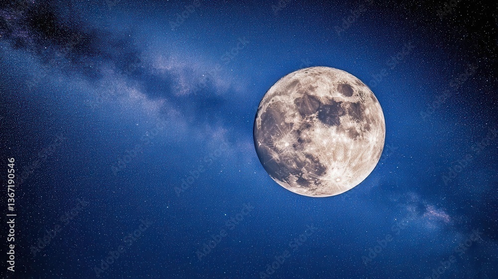 Fototapeta premium Bright Full Moon Illuminating a Starry Night Sky with the Milky Way in the Background