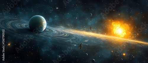 An Artistic Depiction Shows a Planet with Cosmic Dust and Stellar Flare