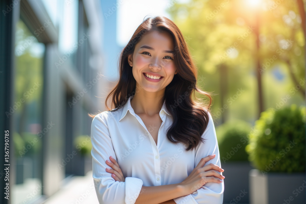 Portrait of a confident young entrepreneur smiling brightly while standing outdoors in a modern urban environment Portrait of a confident young entrepreneur smiling brightly while standing outdoors in a modern urban environment