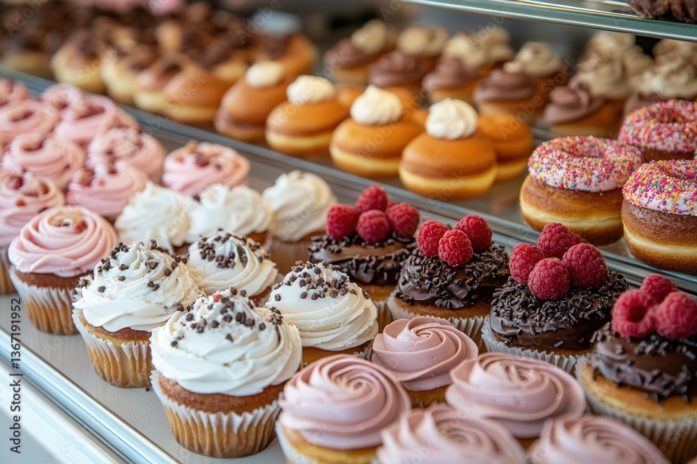 A delicious array of cupcakes and doughnuts in a bakery display case. A delicious array of cupcakes and doughnuts in a bakery display case.