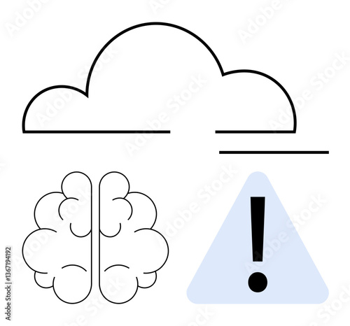 Cloud connected to brain and triangle with exclamation mark emphasizing warning for logical thinking. Ideal for critical reasoning, problem-solving, AI technology, mental clarity, risk assessment