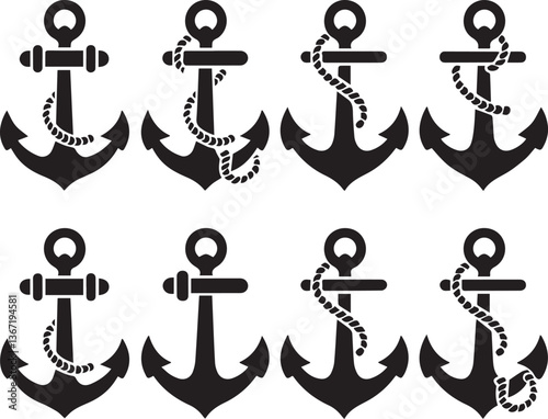 Collection of Simple Black Anchor Icons on White Background