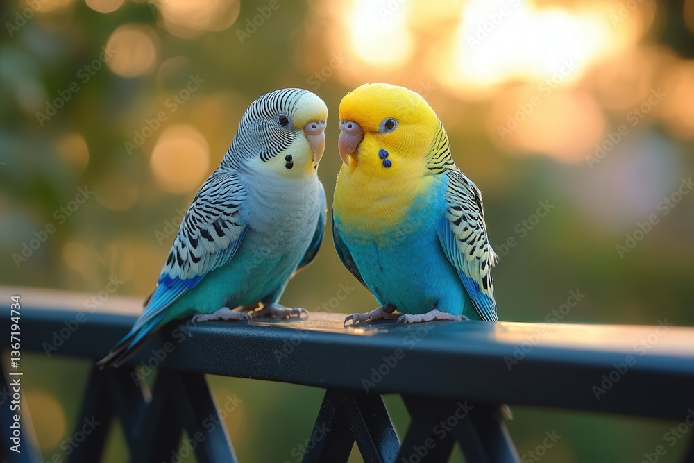 Fototapeta premium Two colorful budgies perched on a rail at sunset, showcasing vibrant plumage and a serene setting.