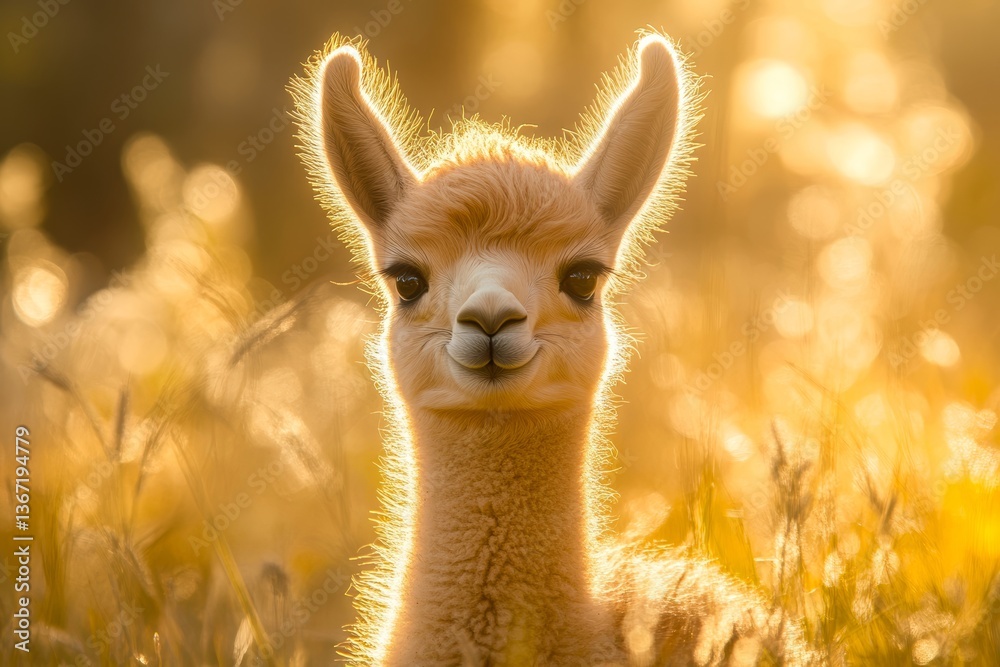 Fototapeta premium Portrait photo of a baby llama with light brown fur and a playful smile, set against a sunlit meadow background