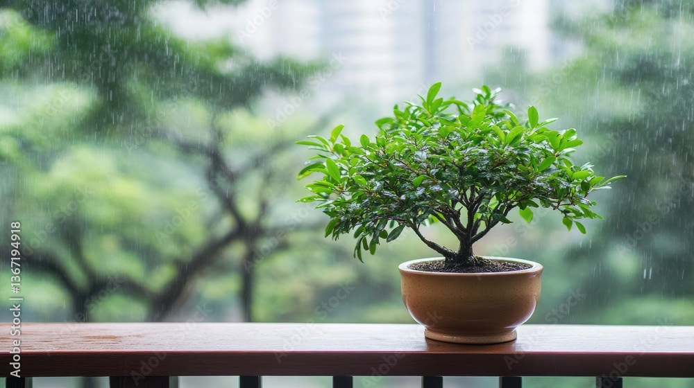 A cozy balcony nook with a small porcelain planter, housing a lush green bonsai tree for serenity. A cozy balcony nook with a small porcelain planter, housing a lush green bonsai tree for serenity.