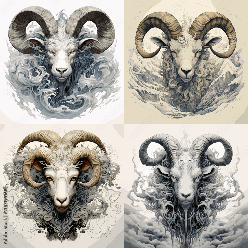 Majestic ram illustrations with dramatic horns and swirling artistic effects. Ideal for zodiac art, tattoo design, mythology themes, animal emblems, and fantasy-inspired illustrations.

