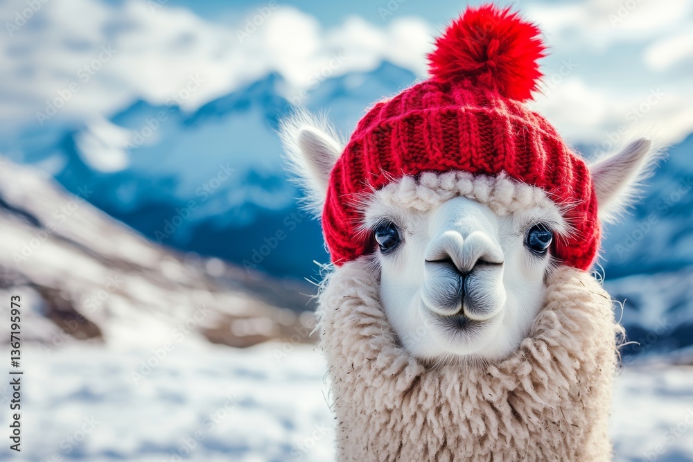 Fototapeta premium Close-up portrait photo of a fluffy white alpaca wearing a bright red knitted hat with a pom-pom, standing against a snowy mountain background