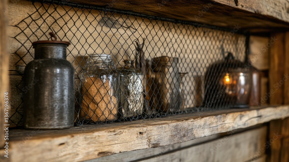 A farmhouse-style wooden shelf with wire mesh backing, elegantly displaying rustic home decor items. A farmhouse-style wooden shelf with wire mesh backing, elegantly displaying rustic home decor items.