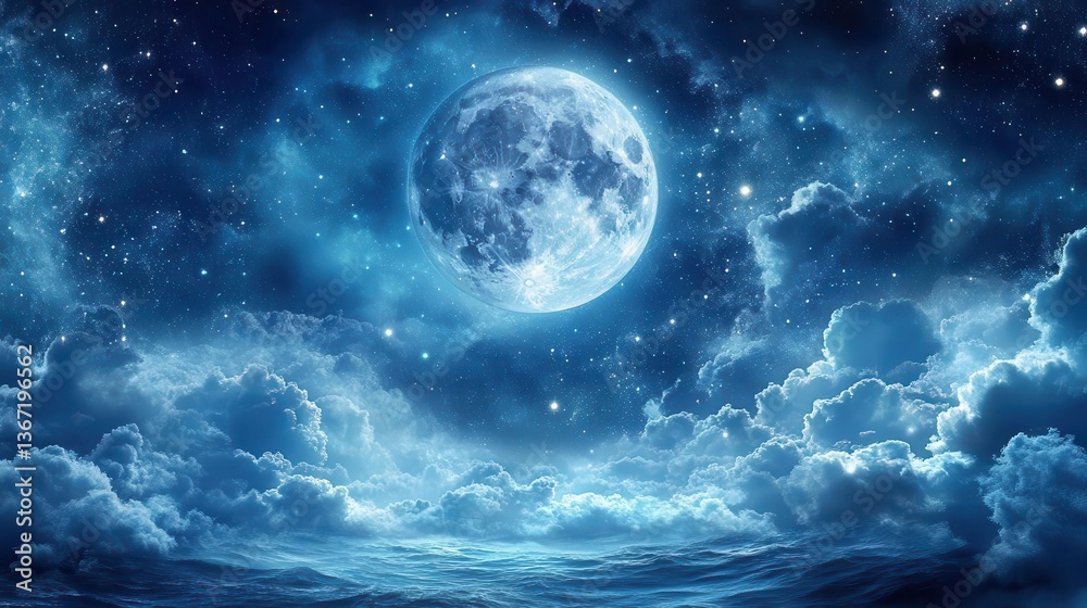 Fototapeta premium Enchanting Night Sky with Full Moon and Twinkling Stars Over a Calm Ocean and Soft Clouds