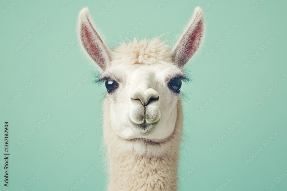 Obraz premium Close-up portrait photo of an adult cream-colored llama with long lashes, against a muted forest green background