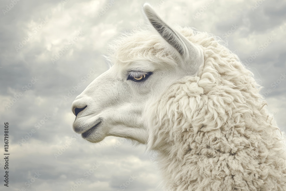Fototapeta premium Close-up portrait photo of an adult white llama with fluffy fur and a peaceful look, standing against a soft cloudy background